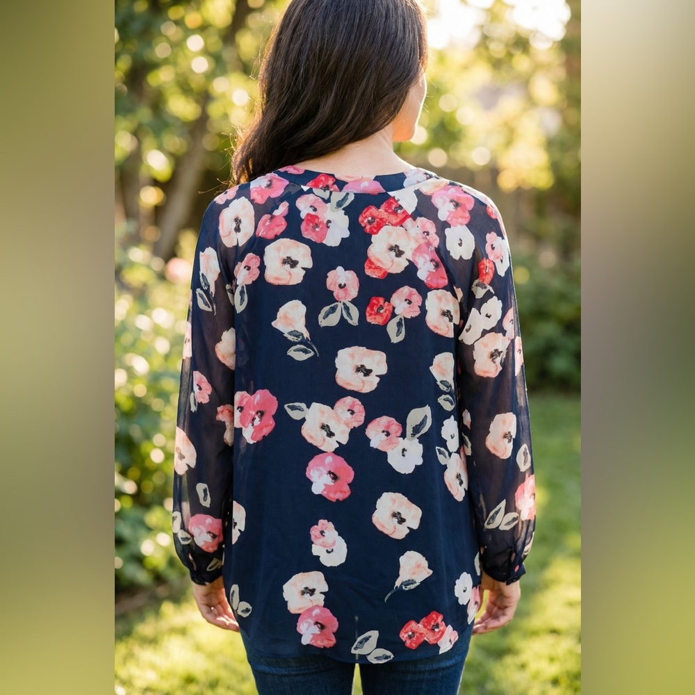 CAbi Navy Floral Blouse with Pink Accents - Picture 2 of 8